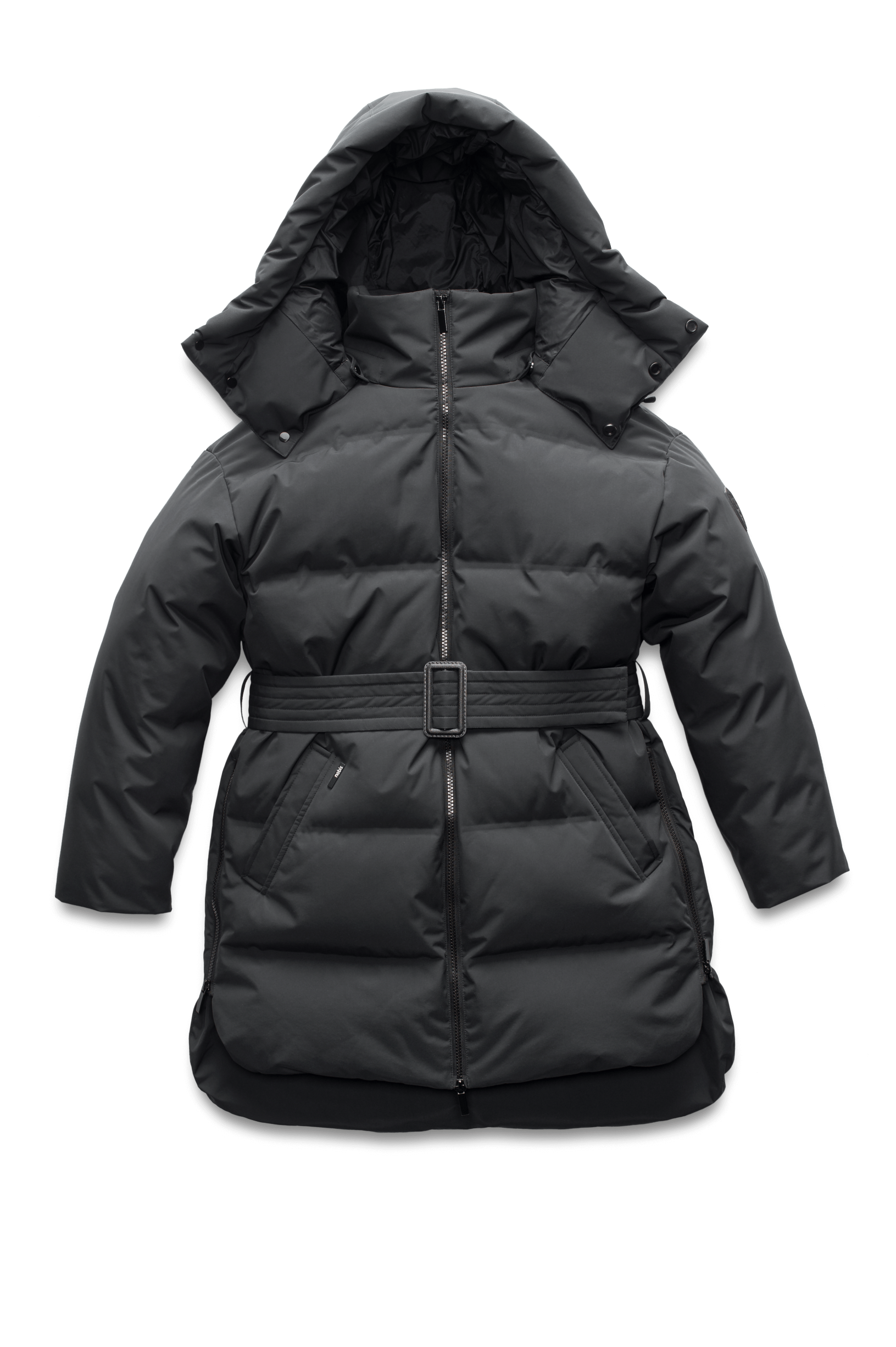 Women's thigh length down parka with removable hood and adjustable belt in Black