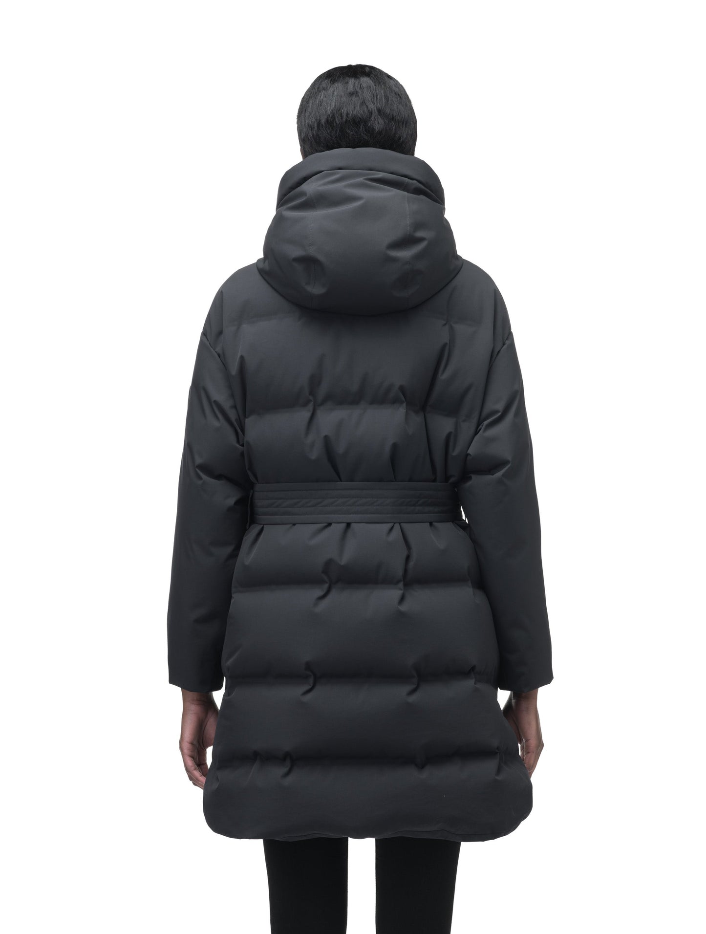 Women's thigh length down parka with removable hood and adjustable belt in Black