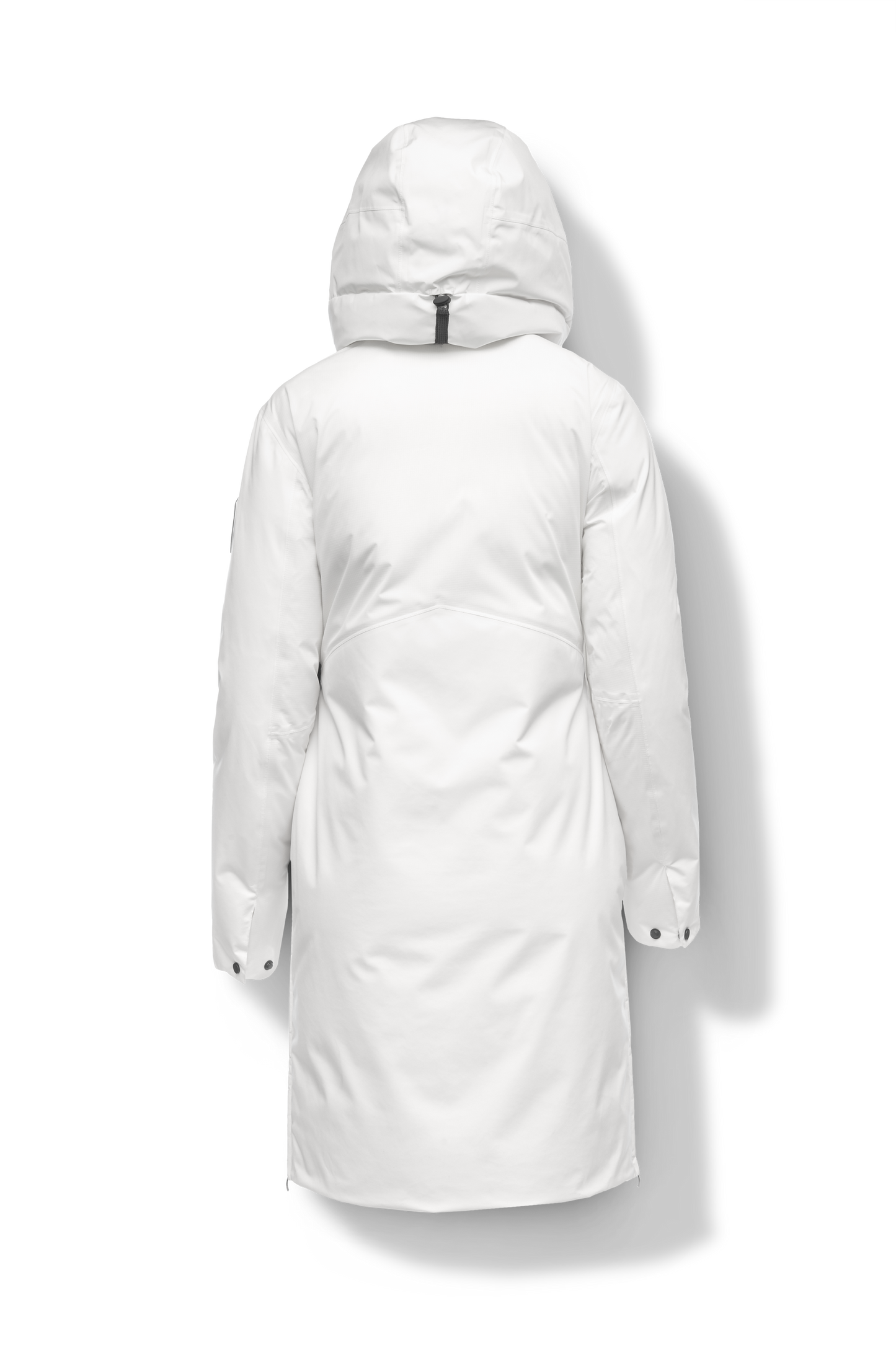 Inara Women's Performance Parka in knee length, premium 3-ply micro denier and stretch ripstop fabrication with DWR coating, Premium Canadian White Duck Down insulation, non-removable down-filled hood, centre front two-way zipper, large vertical zipper pockets along waist, zipper vents along bottom side hem, in Chalk