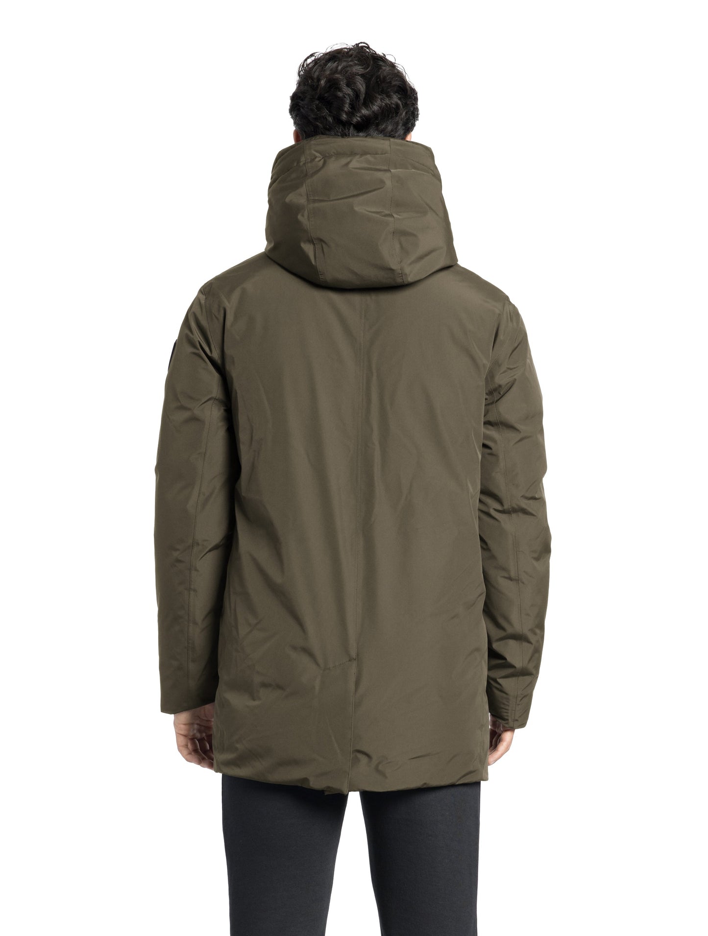 Kason Men's Light Down Parka in thigh length, premium 3-ply micro denier and stretch ripstop fabrication, Premium Canadian origin White Duck Down insulation, non-removable down-filled hood, two-way centre-front zipper, magnetic closure wind flap, fleece-lined pockets at chest and waist, flap pockets at waist, pit zipper vents, in Fatigue