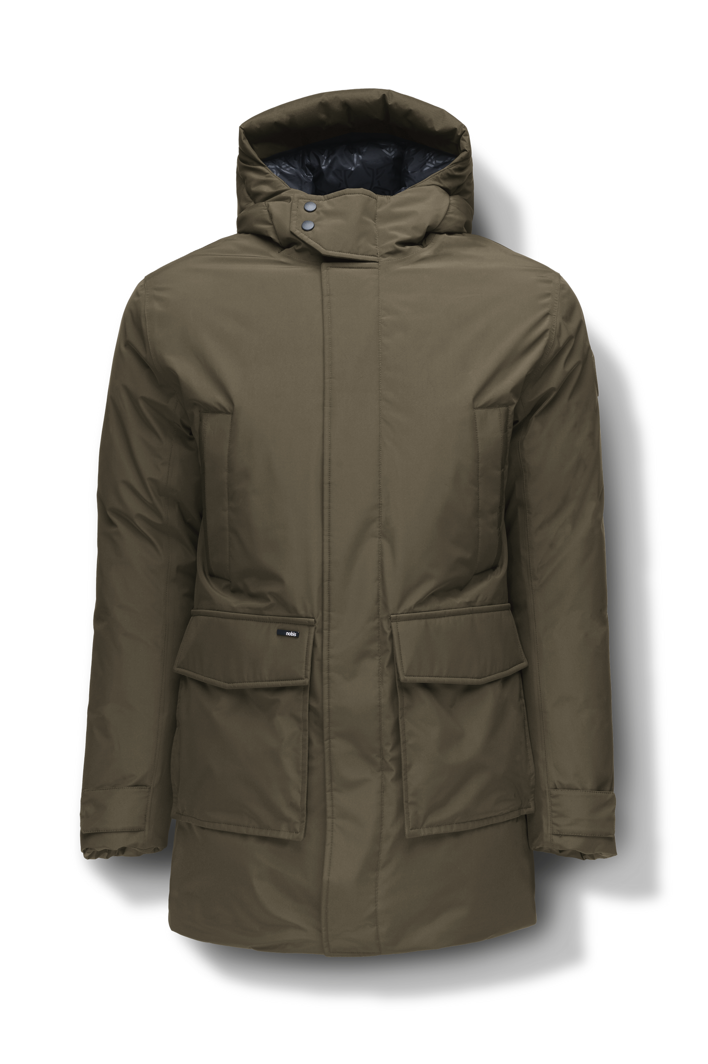 Kason Men's Light Down Parka in thigh length, premium 3-ply micro denier and stretch ripstop fabrication, Premium Canadian origin White Duck Down insulation, non-removable down-filled hood, two-way centre-front zipper, magnetic closure wind flap, fleece-lined pockets at chest and waist, flap pockets at waist, pit zipper vents, in Fatigue