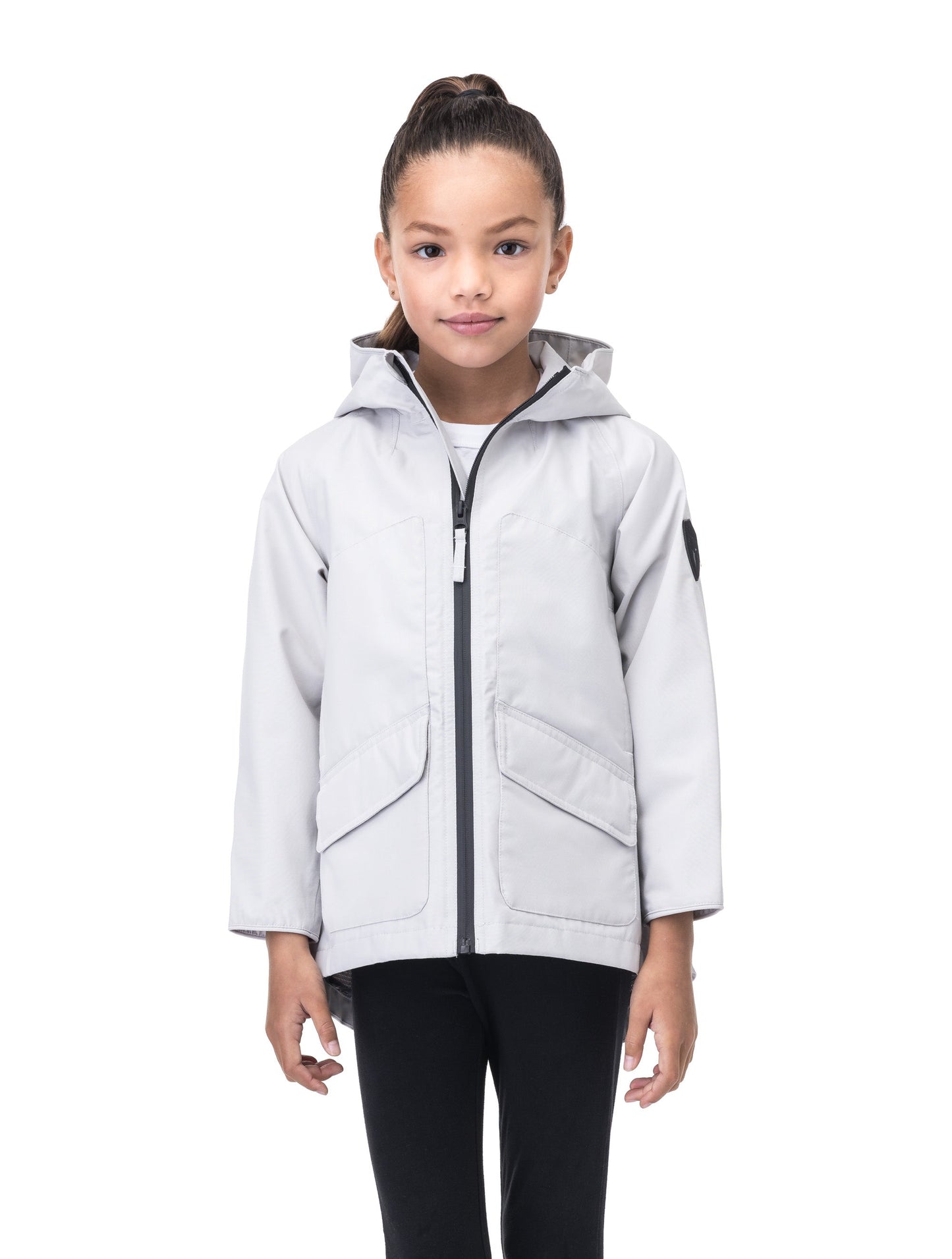 Kid's hip length fishtail rain jacket with hood in Light Grey