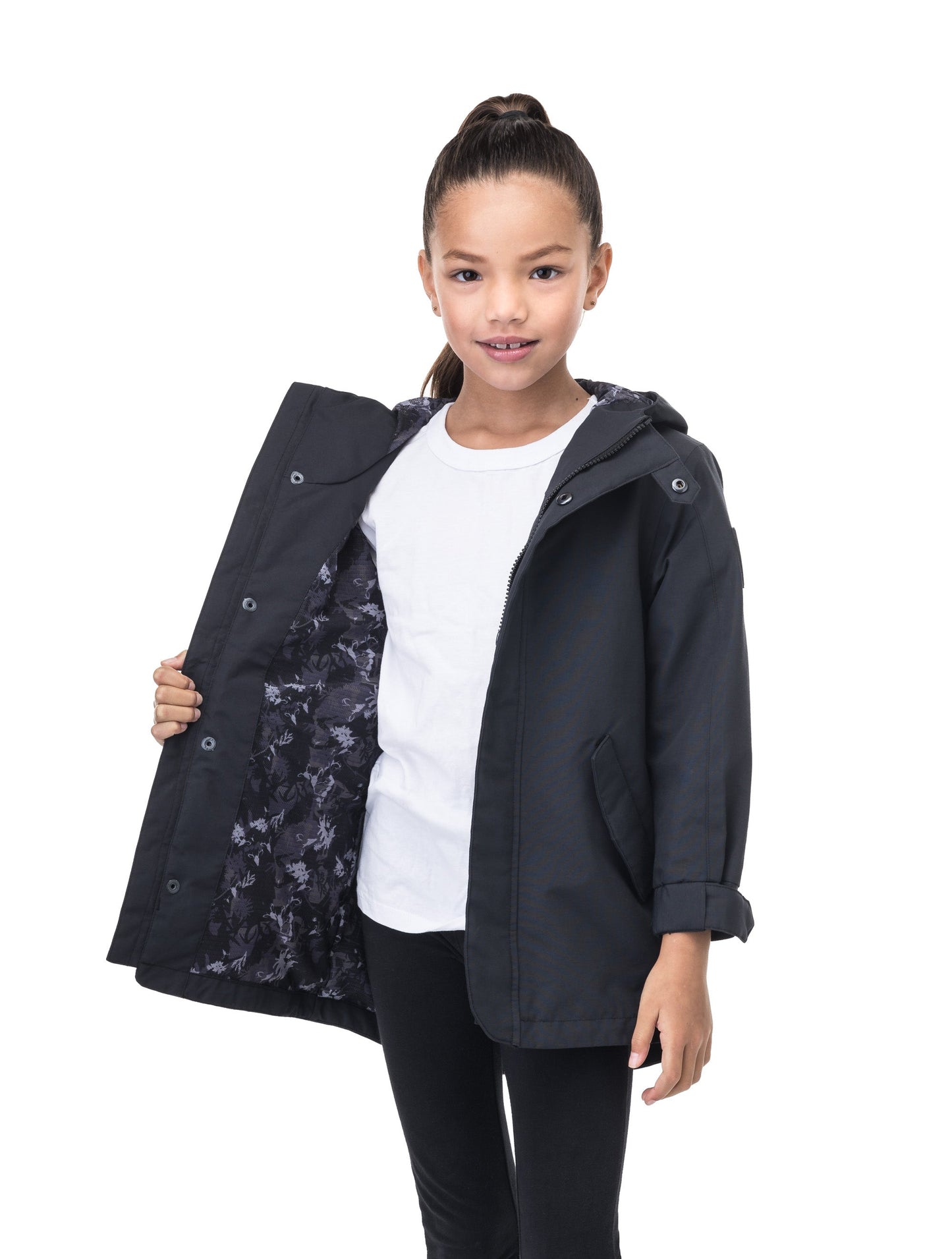 Kids' hip length raincoat with hood in Black