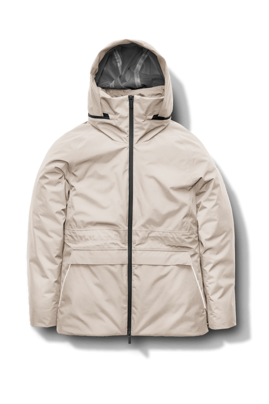 Litho Ladies Short Parka in hip length, Canadian duck down insulation, tuckable waterproof hood, and two-way zipper, in Black + Black