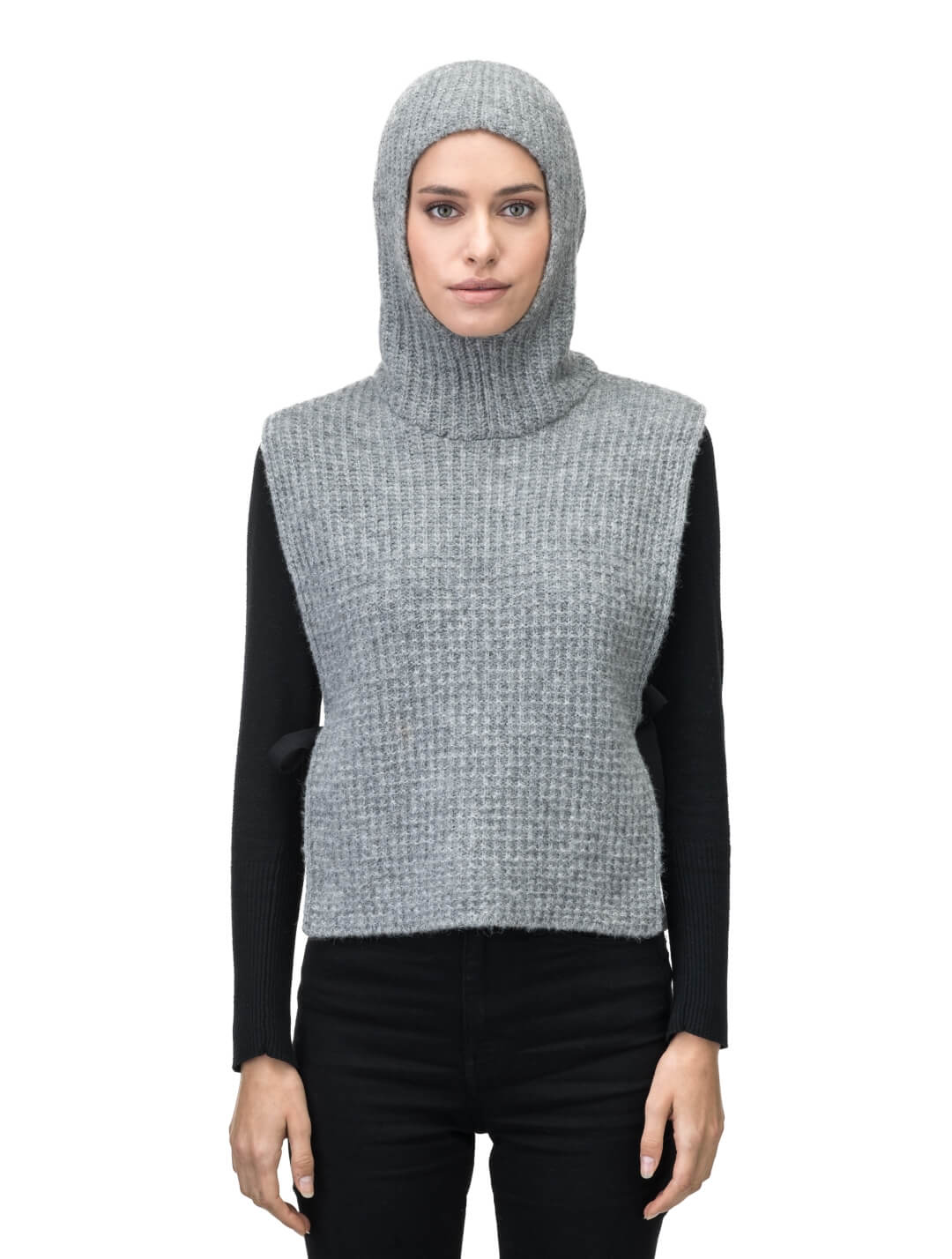 Nars Unisex Knit Hooded Dickie in in superfine alpaca and merino wool blend, waist length, fitted hood, sleeveless torso, and side webbing straps to adjust fit, in Grey Melange