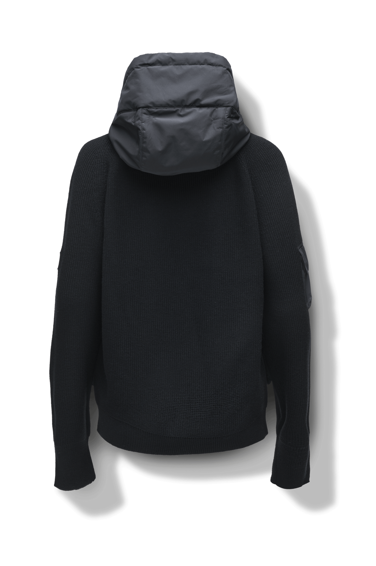 Hedge Men's Performance Hoodie in hip length, premium 3-ply micro denier and 100% virgin extra fine merino wool knit fabrication, Primaloft Gold Insulation Active+, non-removable hood with adjustable drawstrings, two-way centre-front zipper, magnetic closure side-entry pockets at waist, in Black