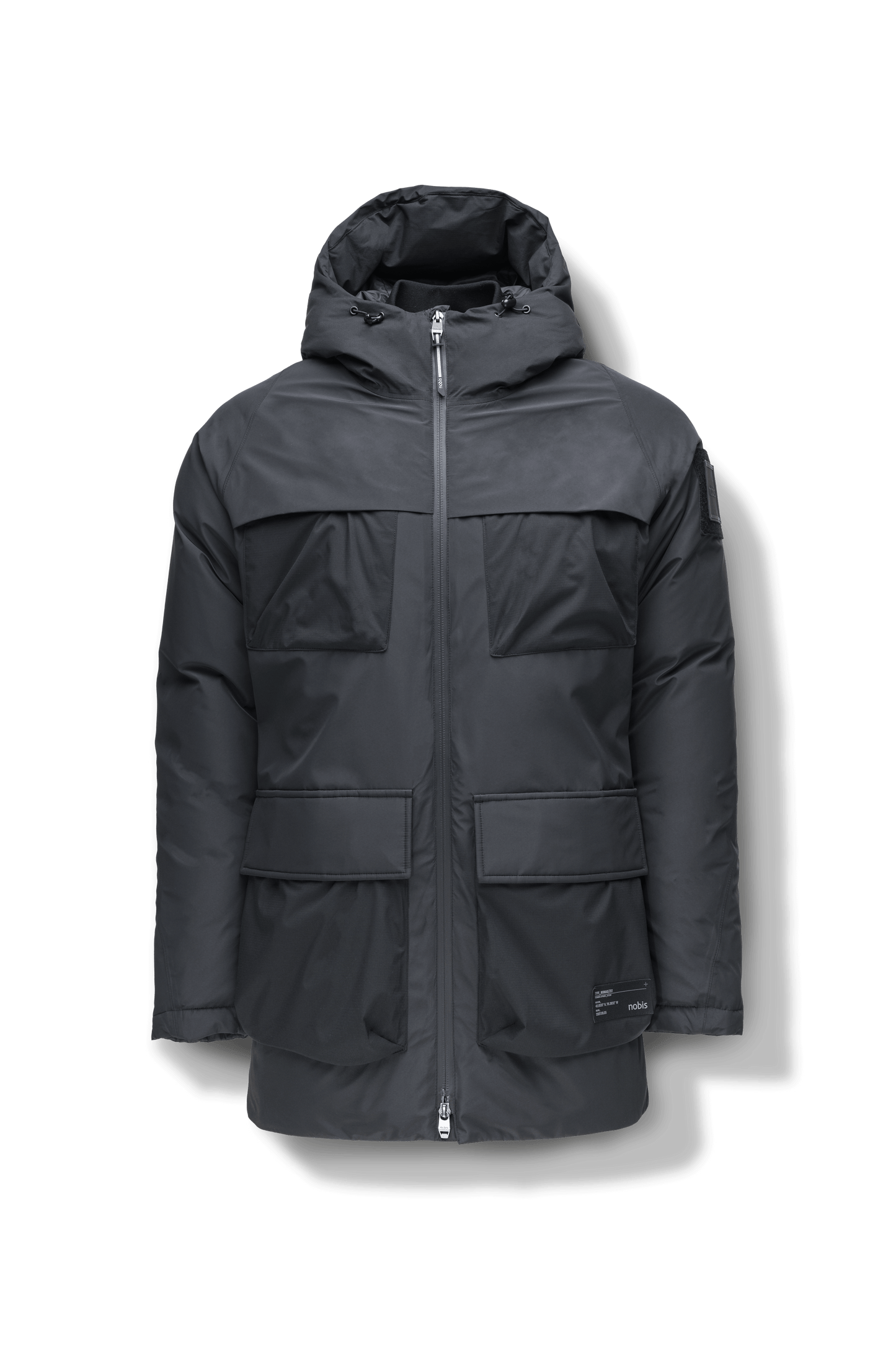 Ronin Men's Performance Utility Jacket in thigh length, premium 3-ply micro denier and stretch ripstop fabrication, Premium Canadian origin White Duck Down insulation, non-removable down-filled hood, bellow chest pockets, magnetic closure waist flap pockets, two-way centre-front zipper, pit zipper vents, hidden adjustable waist drawcord, in Black