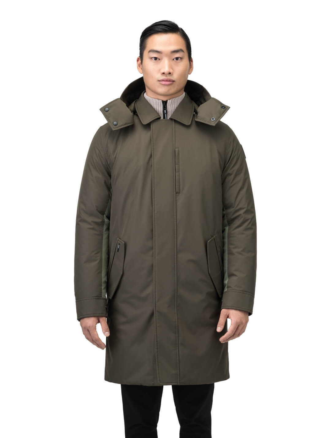 Nord Men's Tailored Trench Coat in knee length, 3-Ply Micro Denier and 4-Way Durable Stretch Weave fabrication, Premium Canadian White Duck Down insulation, removable down-filled hood, exterior zipper pocket at left chest, and adjustable snap button cuffs, in Fatigue/Eden