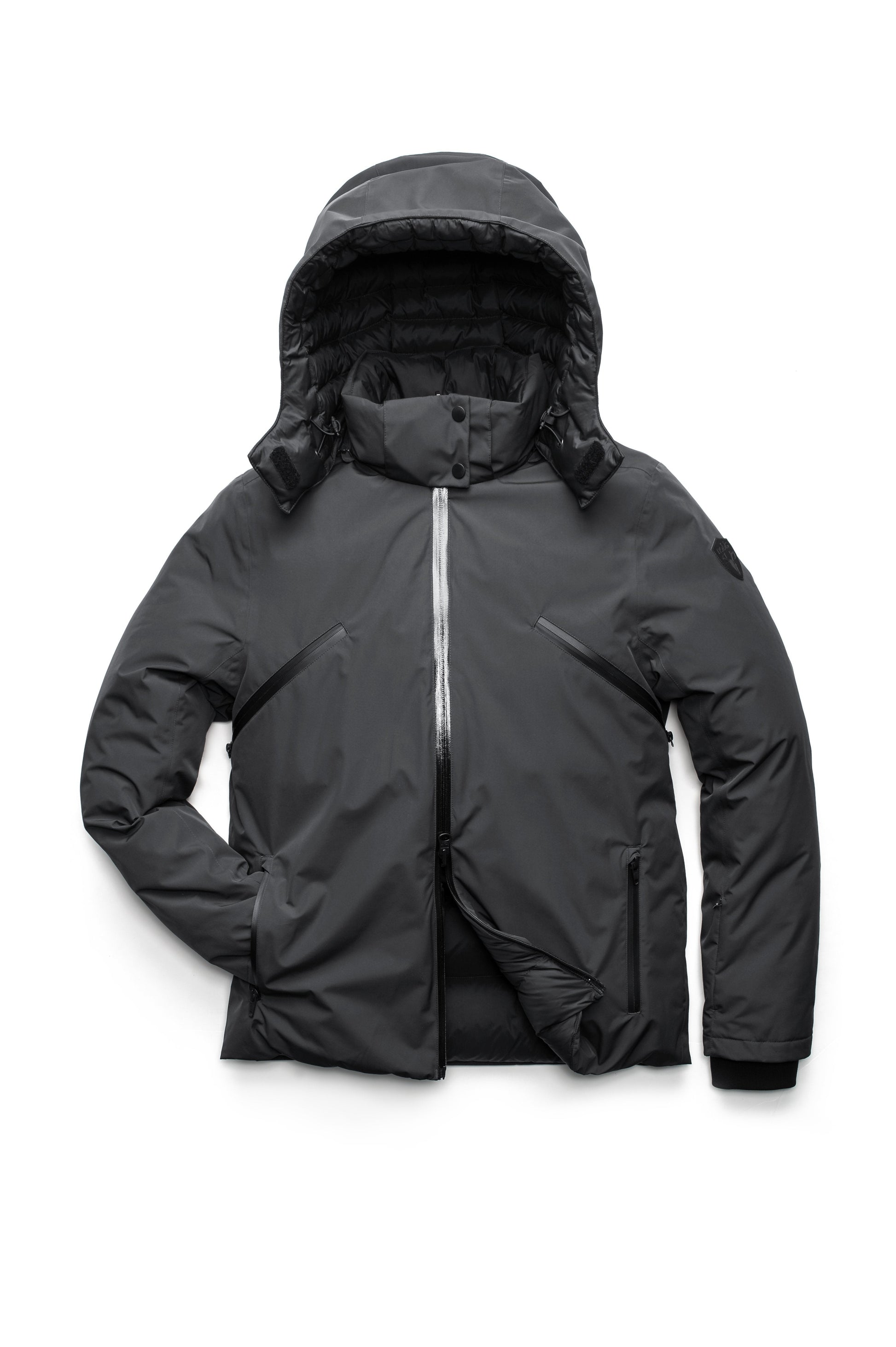 Hip length, reversible men's down filled jacket with removable hood in Black