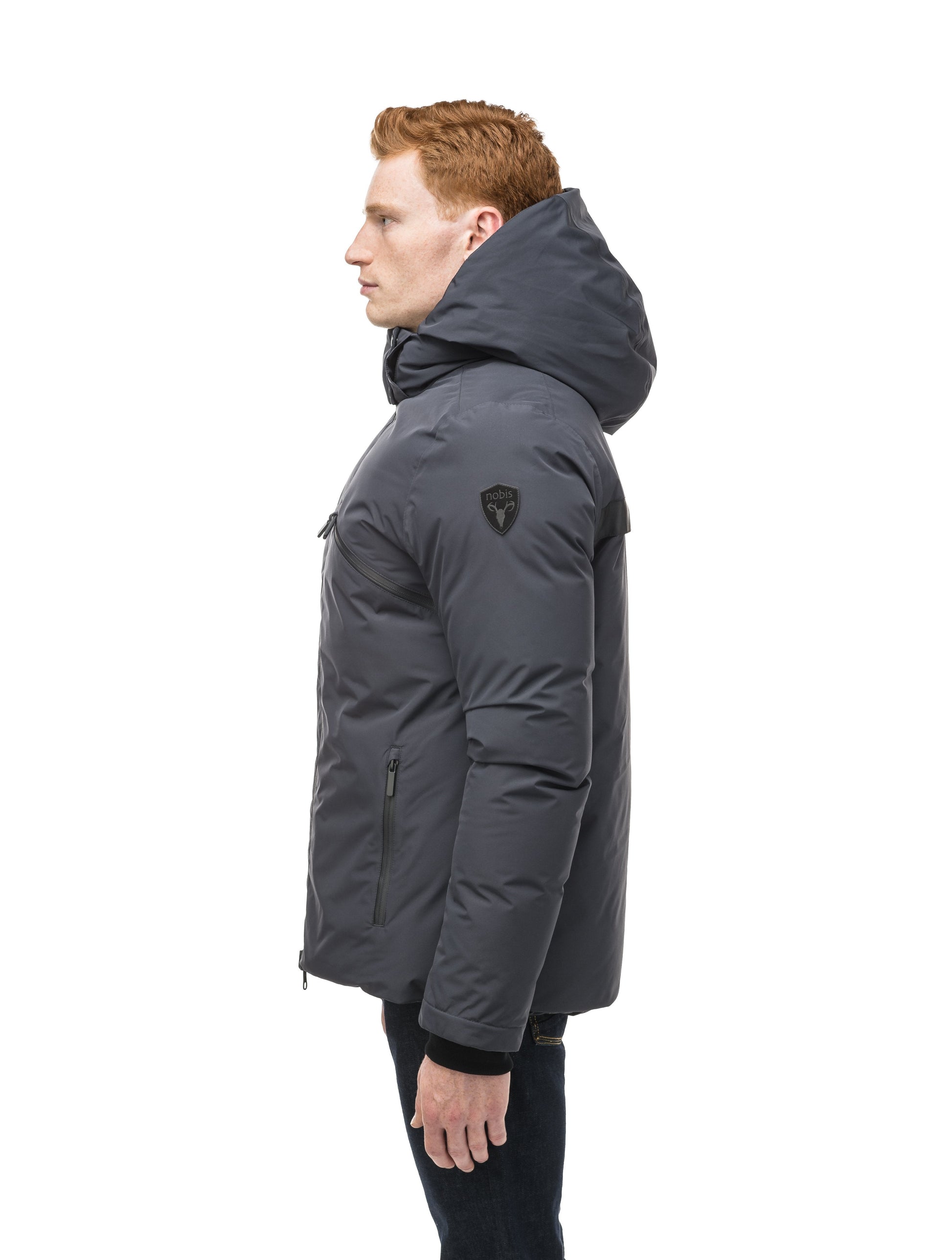 Hip length, reversible men's down filled jacket with removable hood in Marine