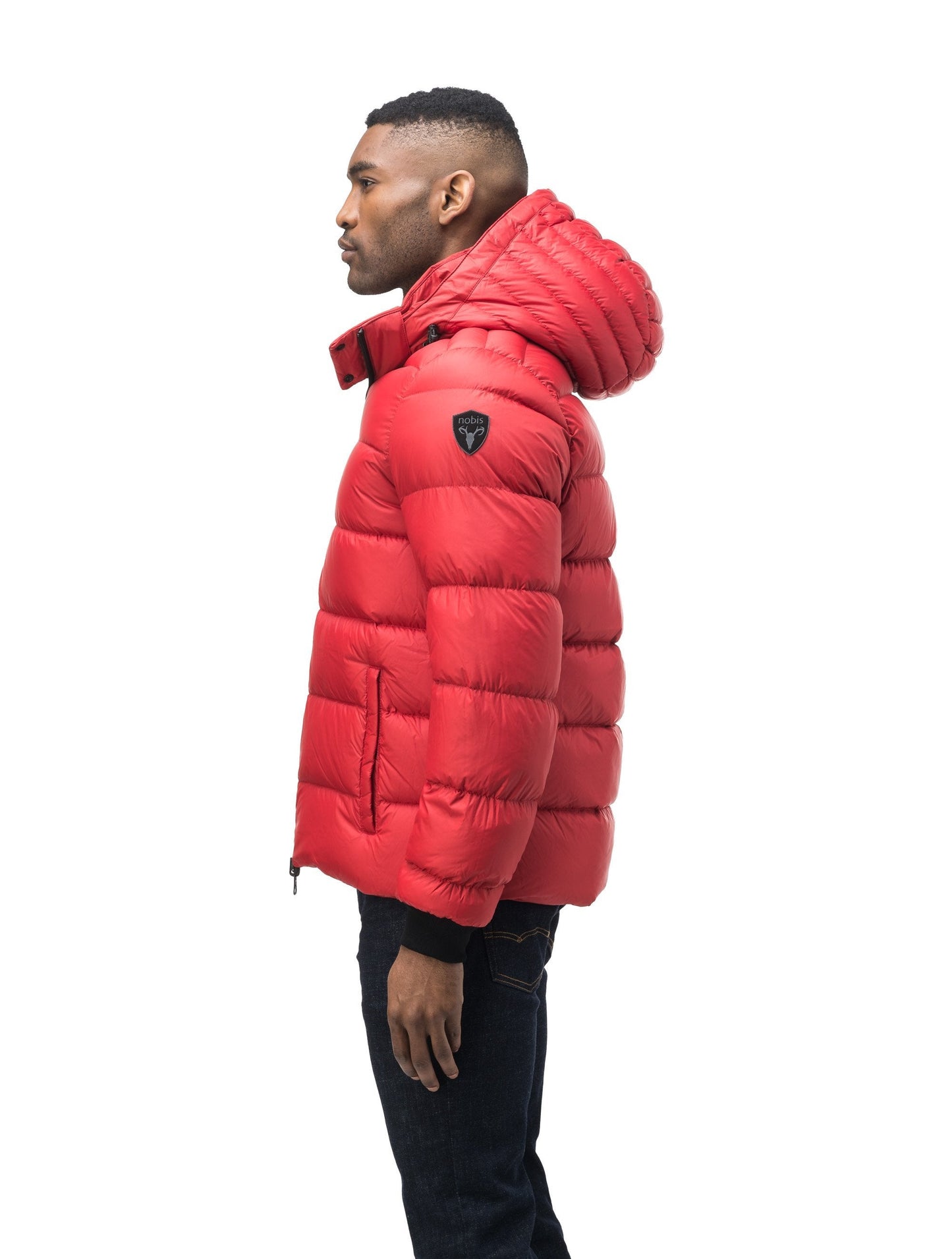 Hip length, reversible men's down filled jacket with removable hood in Vermillion