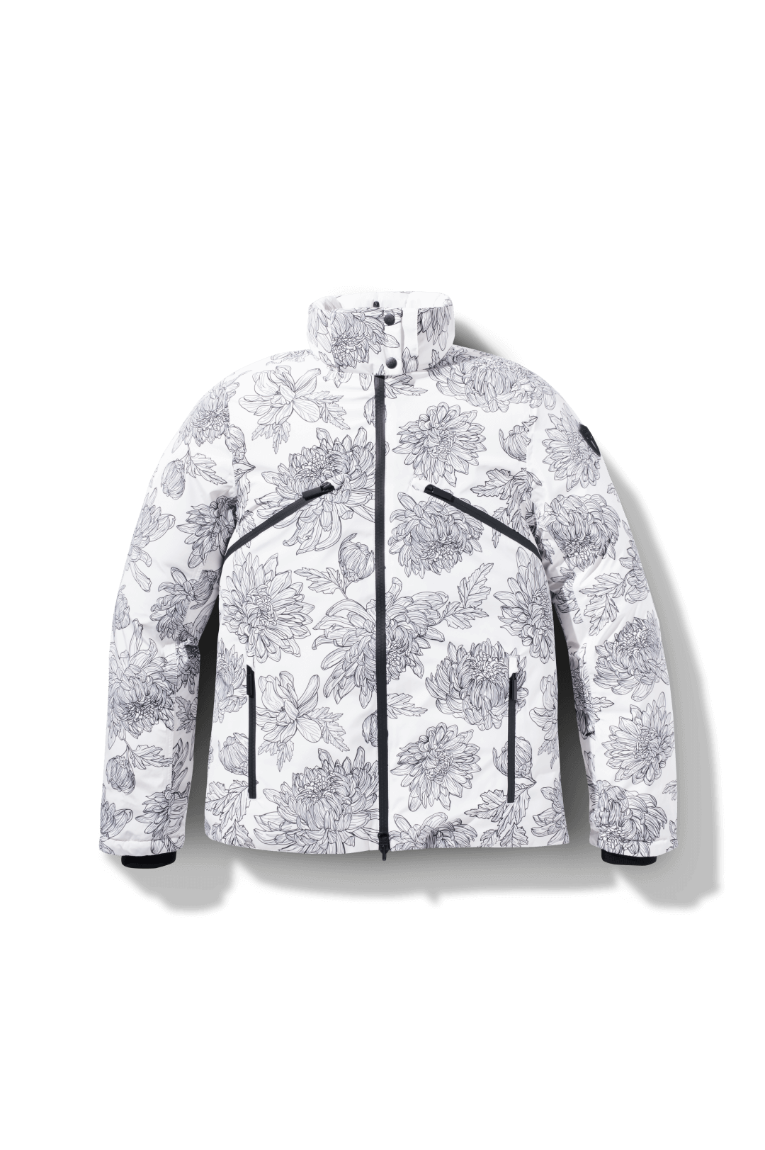 Hip length, reversible men's down filled jacket with removable hood in White Floral Print