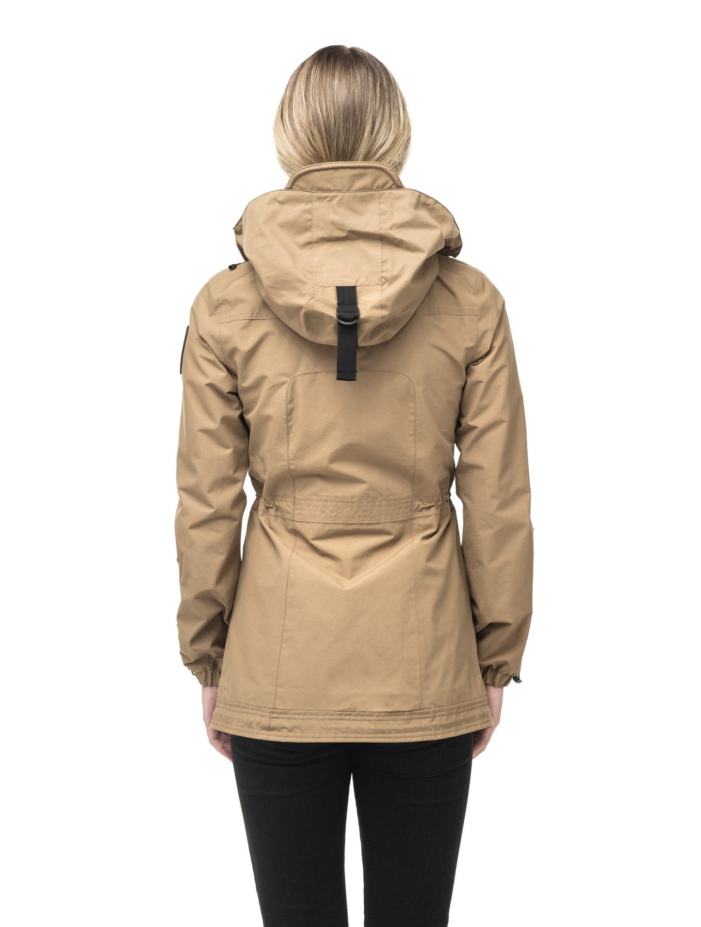 Women's hooded shirt jacket with four front pockets and adjustable waist in Cork