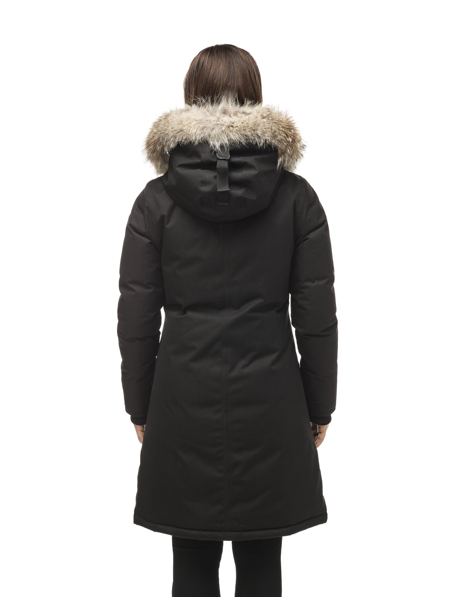 Rebecca Women's Parka in knee length, Canadian duck down insulation, two-way zipper with magnetic front placket, non-removable hood with removable coyote fur trim, in Black