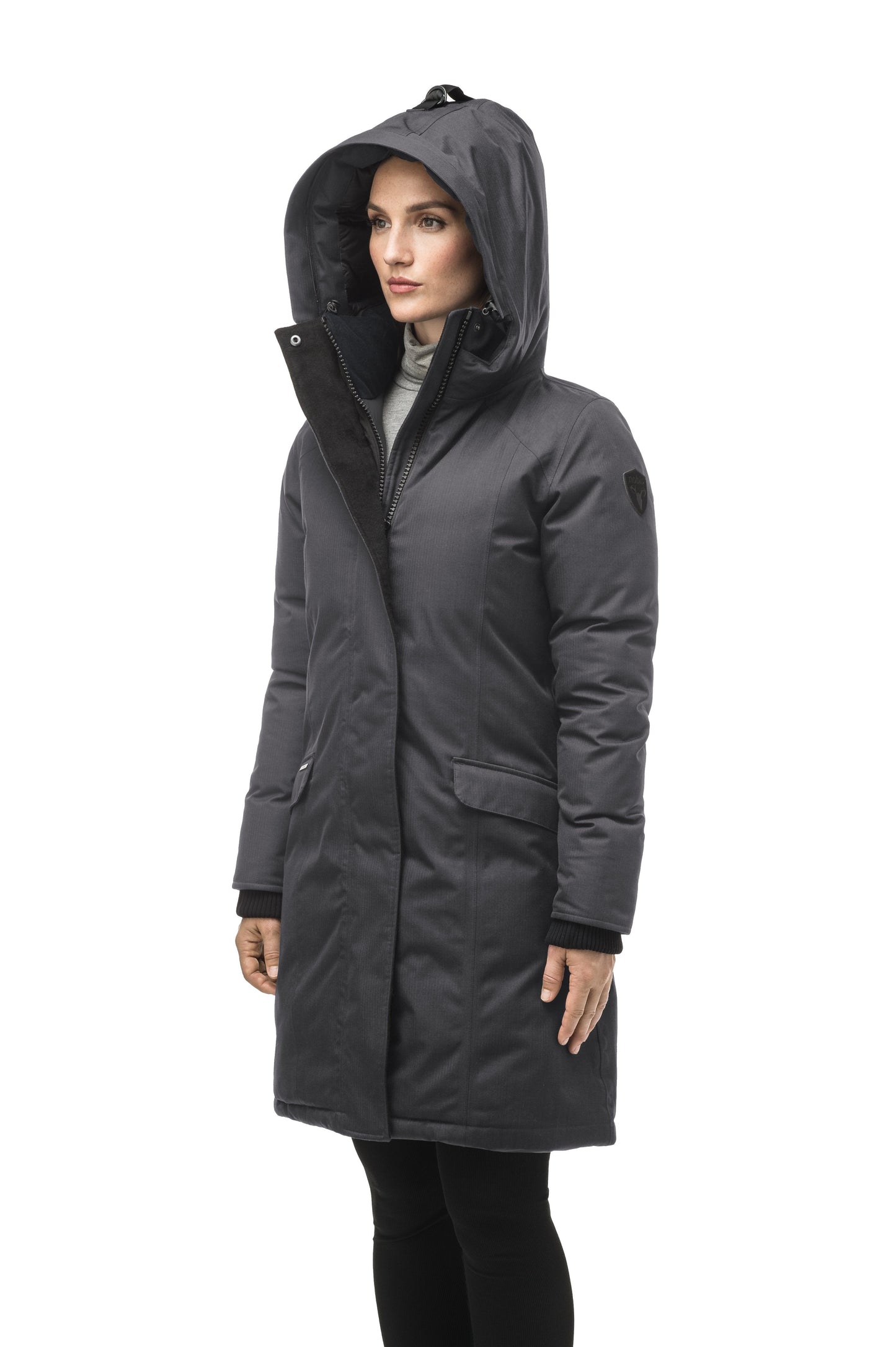 Rebecca Women's Parka in knee length, Canadian duck down insulation, two-way zipper with magnetic front placket, non-removable hood with removable coyote fur trim, in Steel Grey