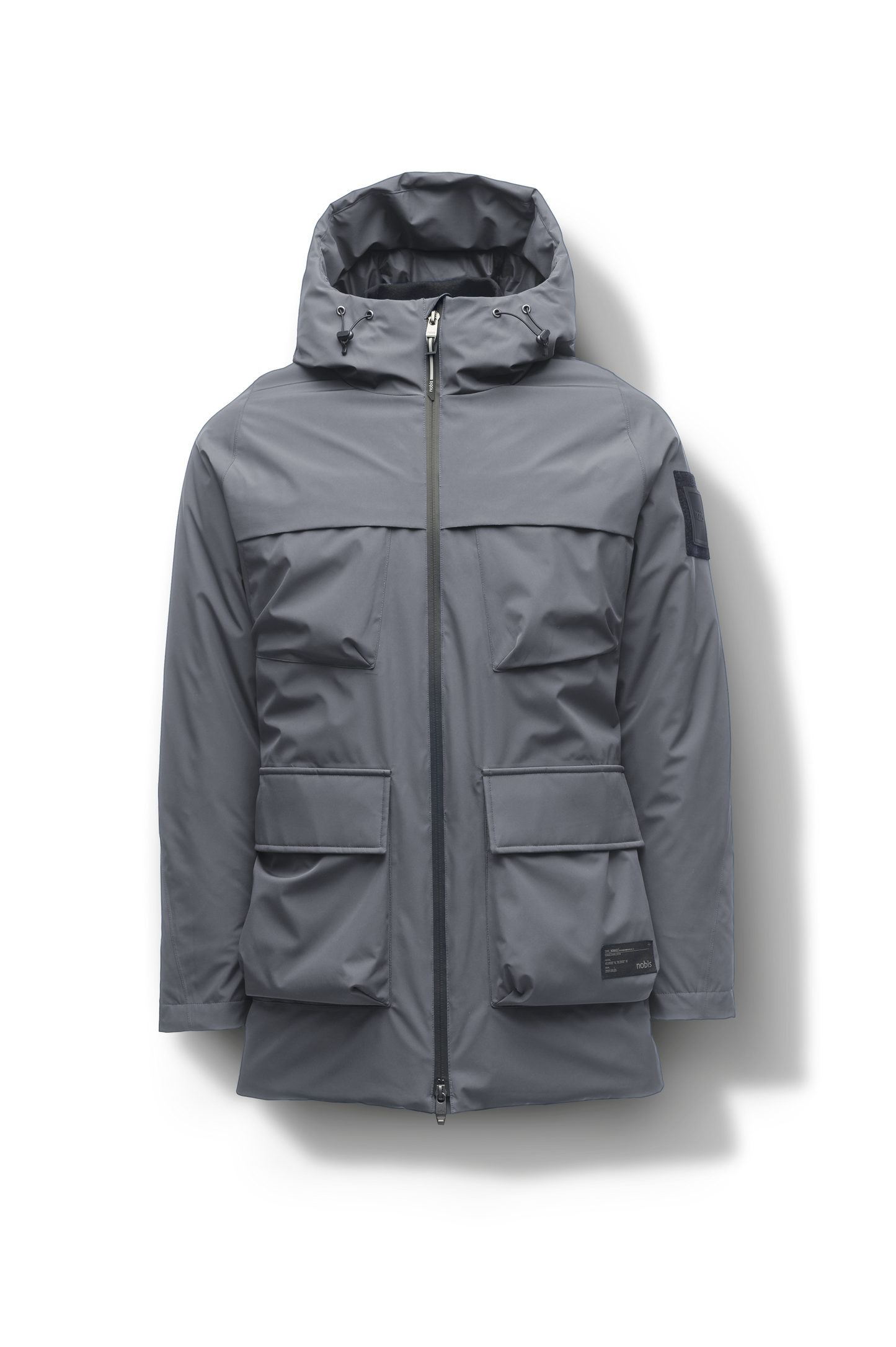 Ronin Men's Performance Utility Jacket in thigh length, premium 3-ply micro denier and stretch ripstop fabrication, Premium Canadian origin White Duck Down insulation, non-removable down-filled hood, bellow chest pockets, magnetic closure waist flap pockets, two-way centre-front zipper, pit zipper vents, hidden adjustable waist drawcord, in Concrete