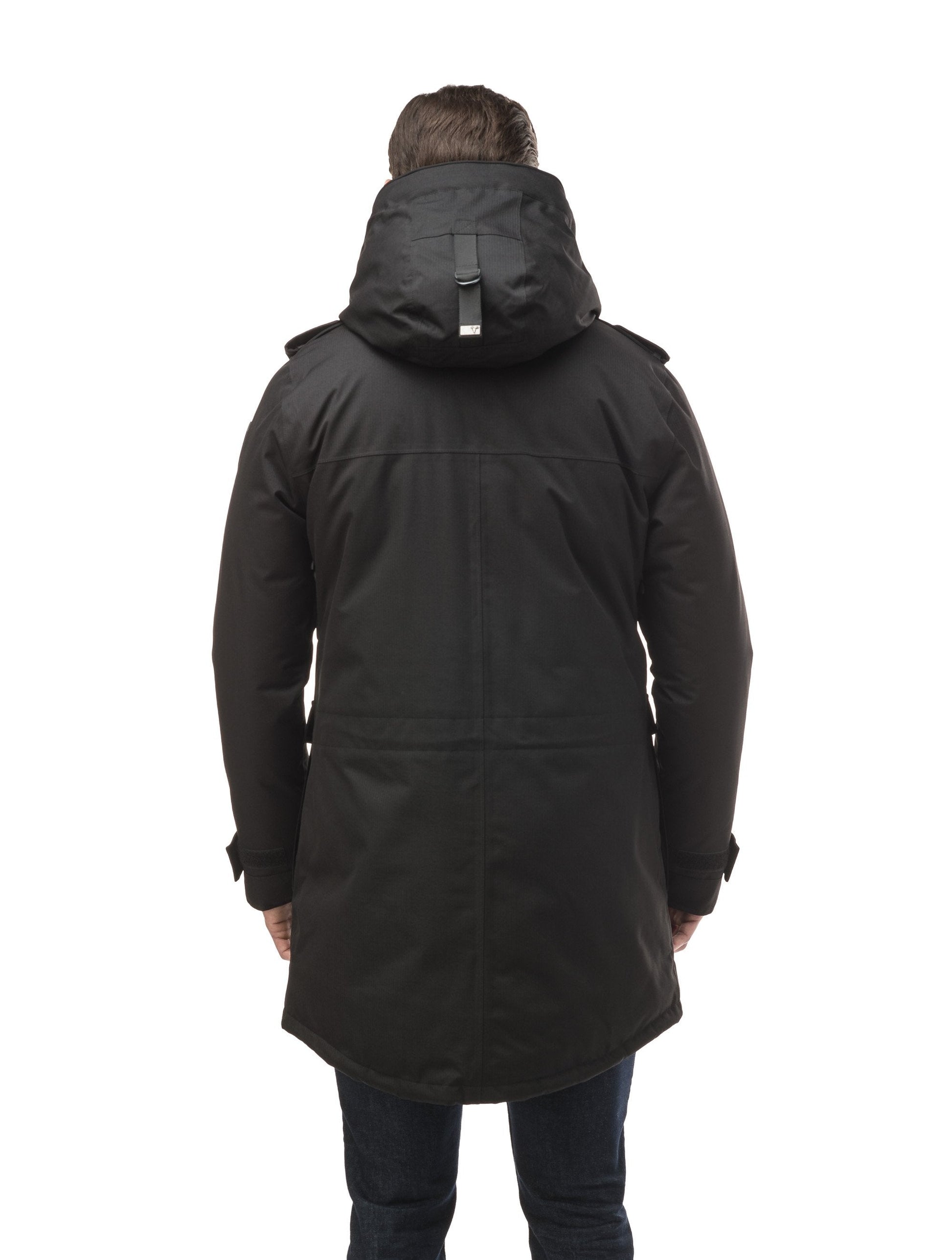 Men's down filled parka with faux button magnet closures and fur free hood with a fishtail hemline in Black