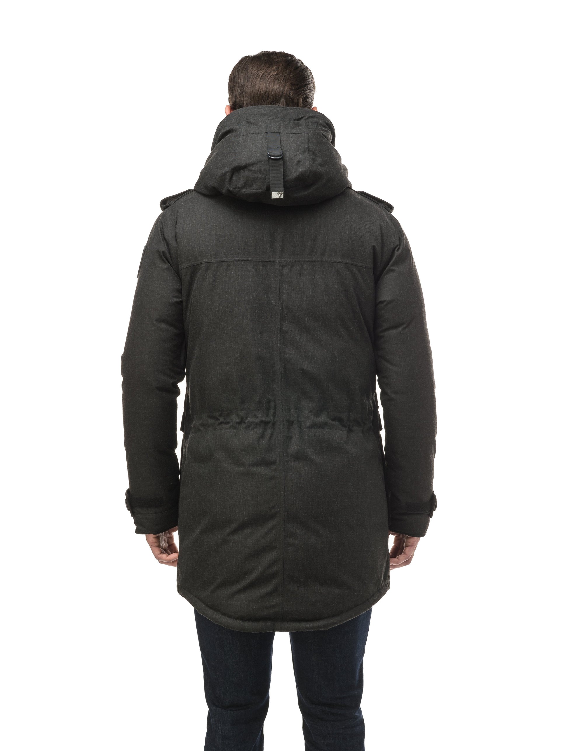 Men's down filled parka with faux button magnet closures and fur free hood with a fishtail hemline in H. Black