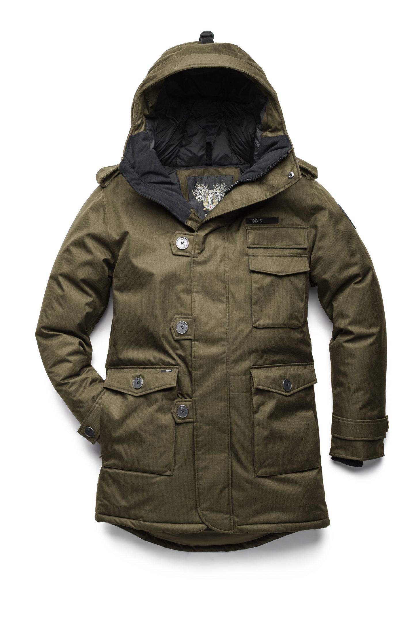 Men's down filled parka with faux button magnet closures and fur free hood with a fishtail hemline in Fatigue