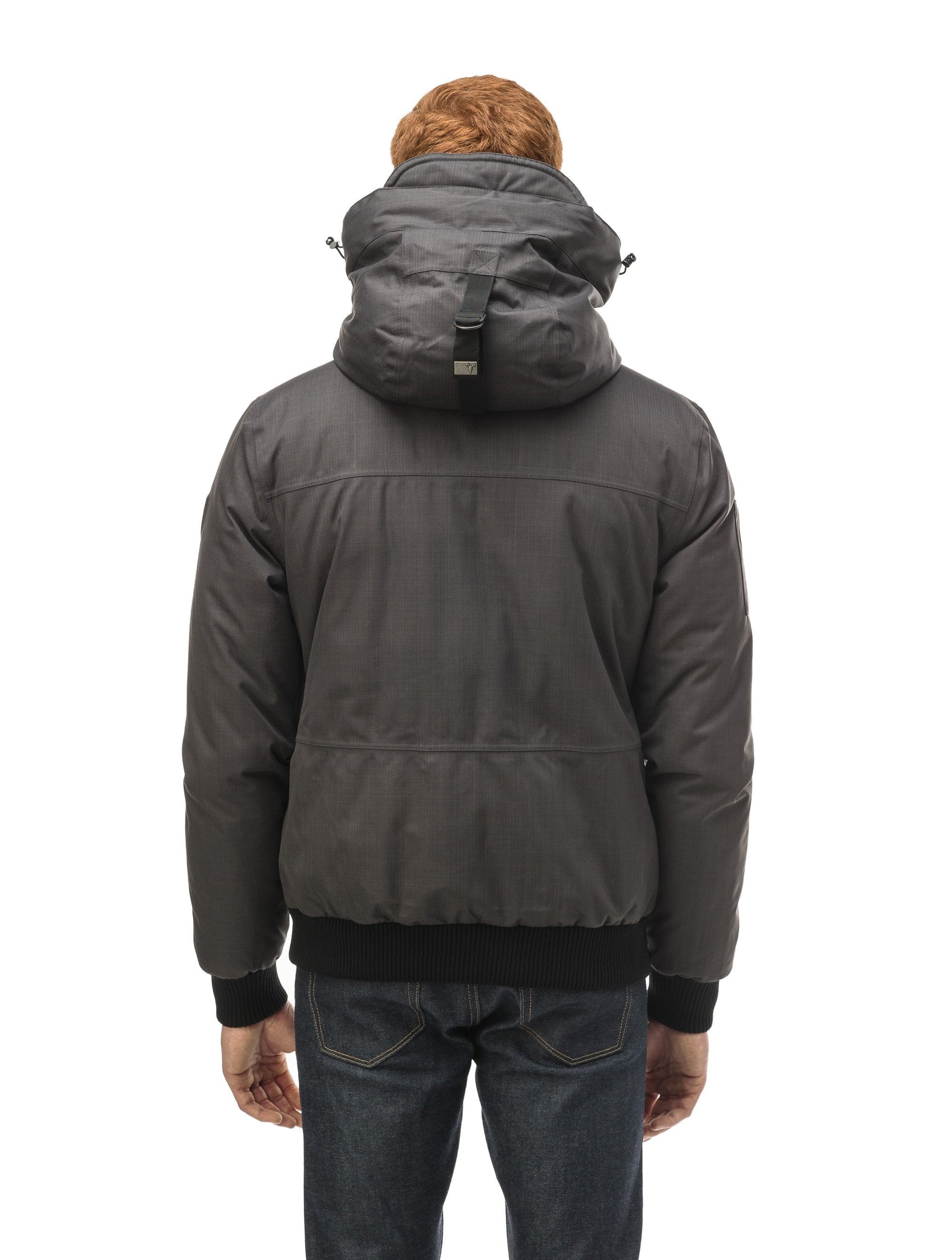 Men's sleek down filled bomber jacket with clean details and a fur free hood in CH Steel Grey