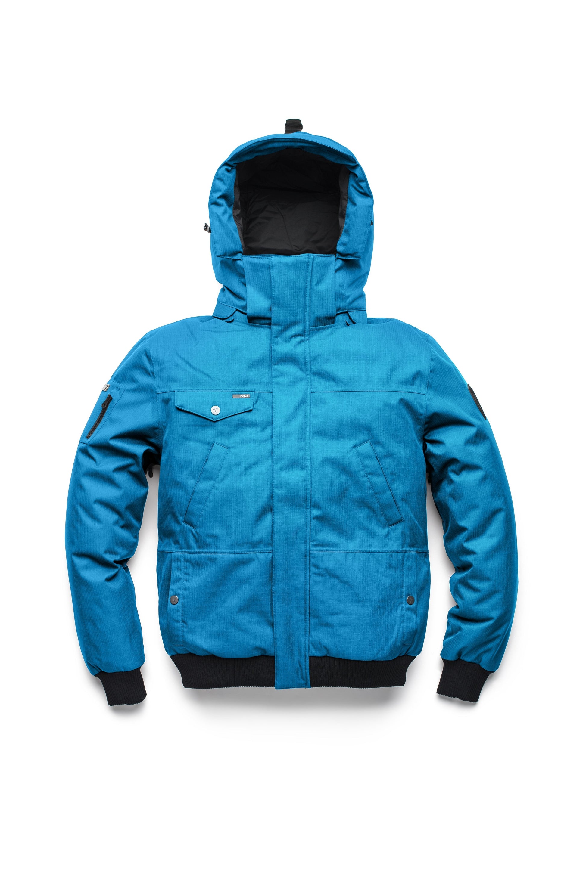 Men's sleek down filled bomber jacket with clean details and a fur free hood in Sea Blue
