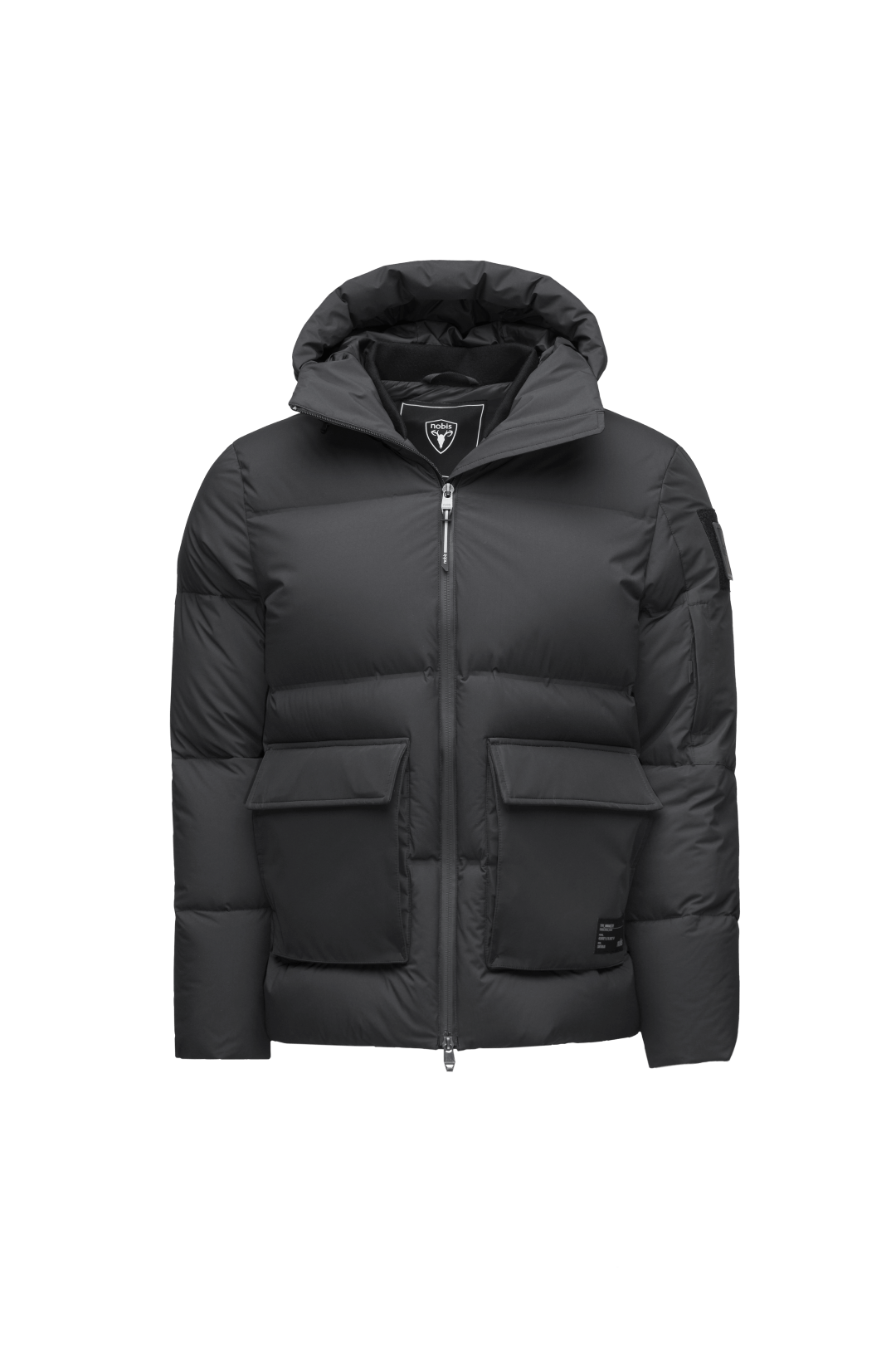 Supra Men's Performance Puffer in hip length, Technical Taffeta and 3-Ply Micro Denier fabrication, Premium Canadian White Duck Down insulation, non-removable down filled hood, centre front two-way zipper, flap pockets at waist, and zipper pocket at left bicep, in Black