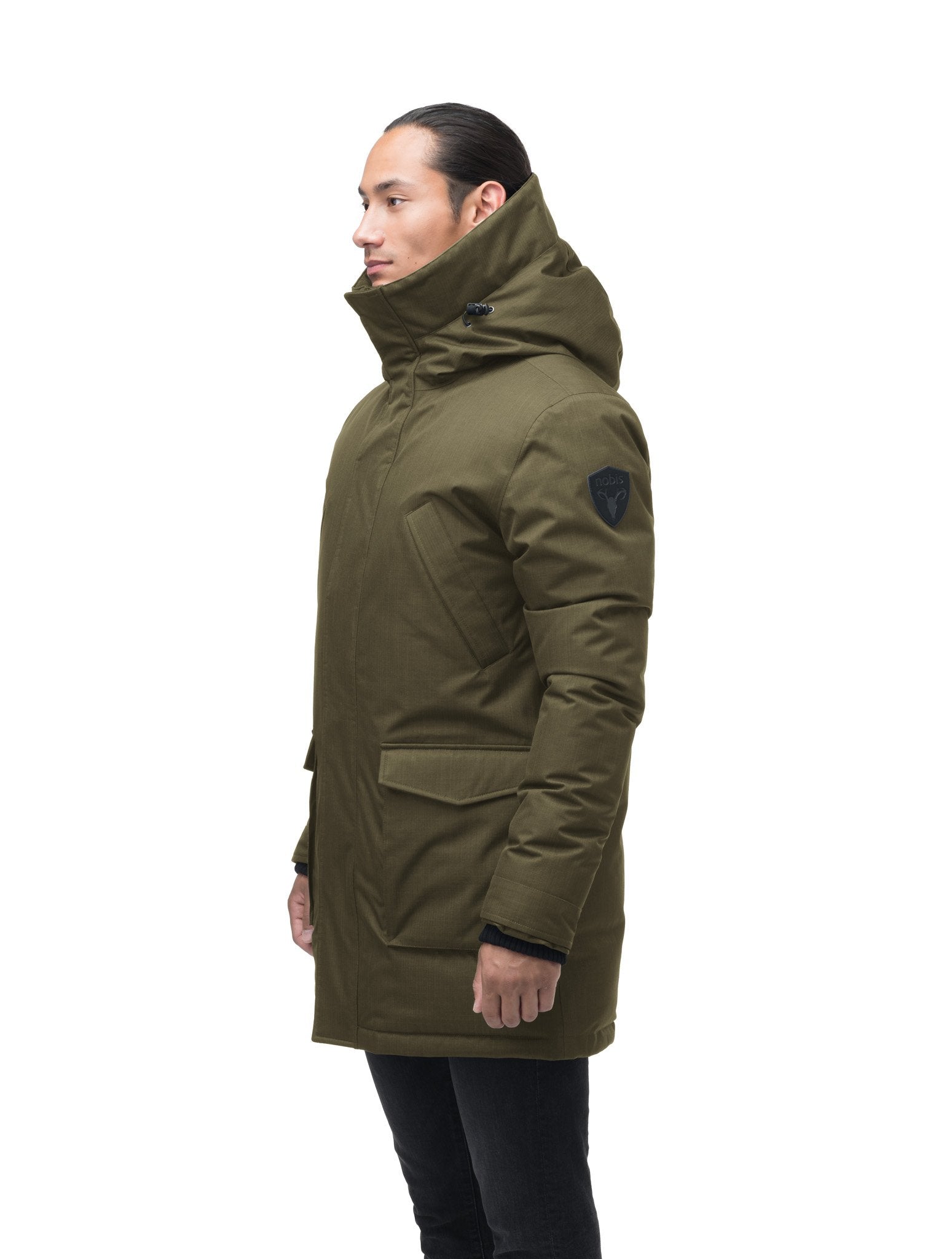 Men's thigh length down-filled parka with non-removable hood in Fatigue