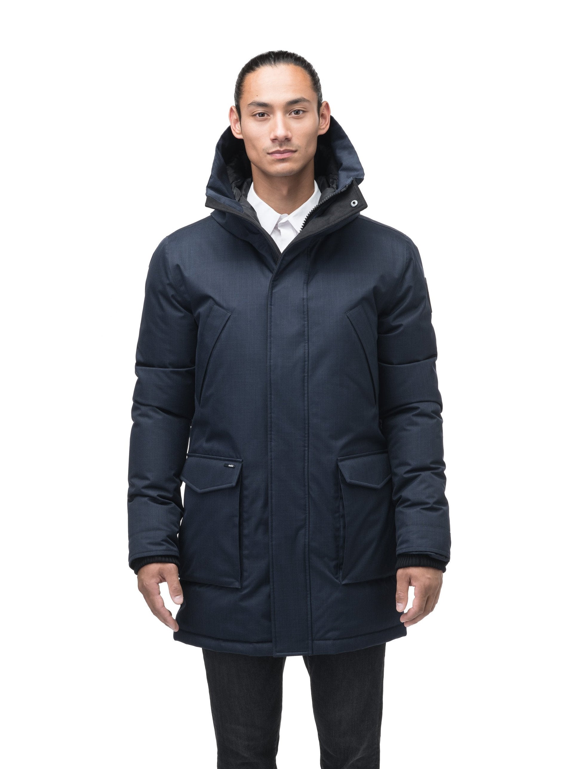 Men's thigh length down-filled parka with non-removable hood in Navy