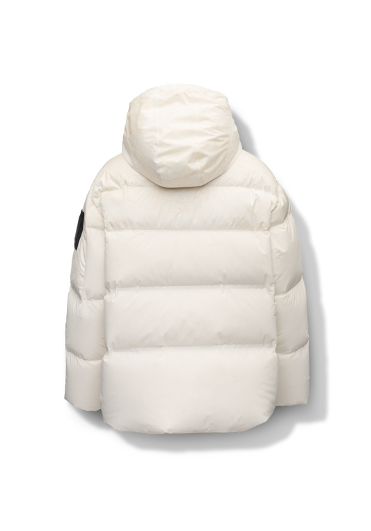 Una Ladies Performance Puffer in hip length, Technical Taffeta and Durable Stretch Ripstop fabrication, Premium Canadian White Duck Down insulation, removable down filled hood, centre front two-way zipper, and side-entry pockets at waist, in Black + Black