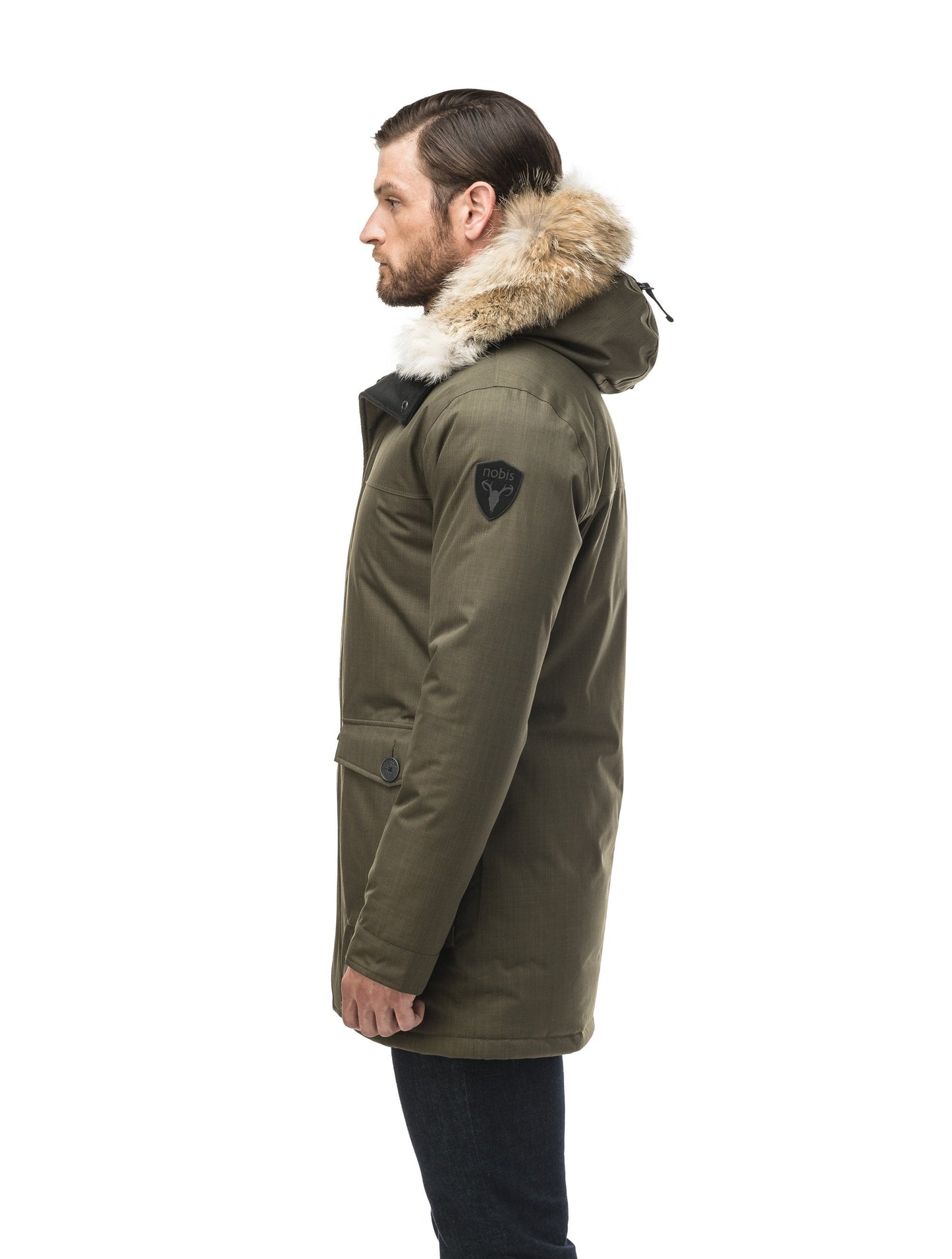 Men's slim fitting waist length parka with removable fur trim on the hood and two waist patch pockets in CH Army Green