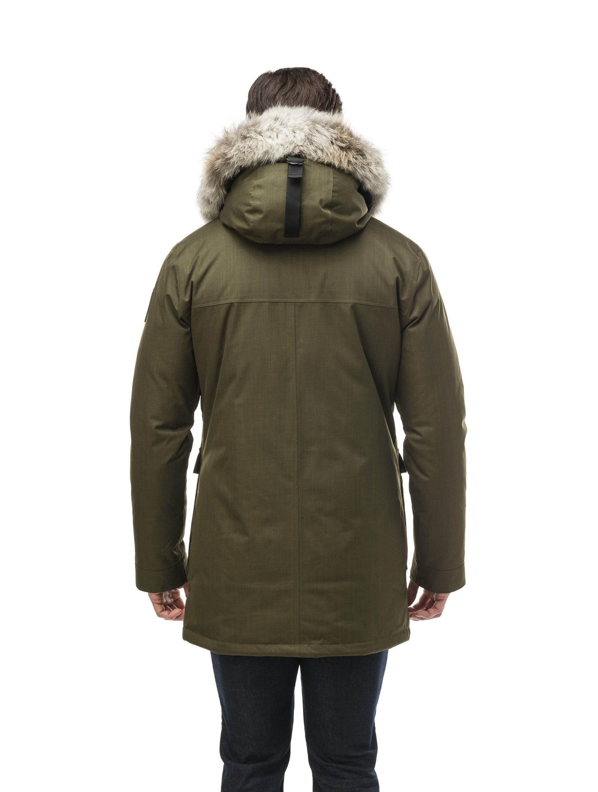 Men's slim fitting waist length parka with removable fur trim on the hood and two waist patch pockets in CH Fatigue