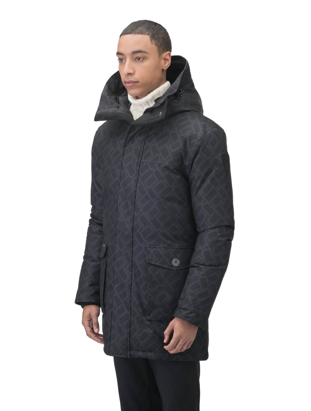 Yves Furless Men's Parka in thigh length, Canadian white duck down insulation, non-removable down-filled hood, flap pockets at waist, centre-front two-way zipper with magnetic wind flap, and elastic ribbed cuffs, in Dark Monogram