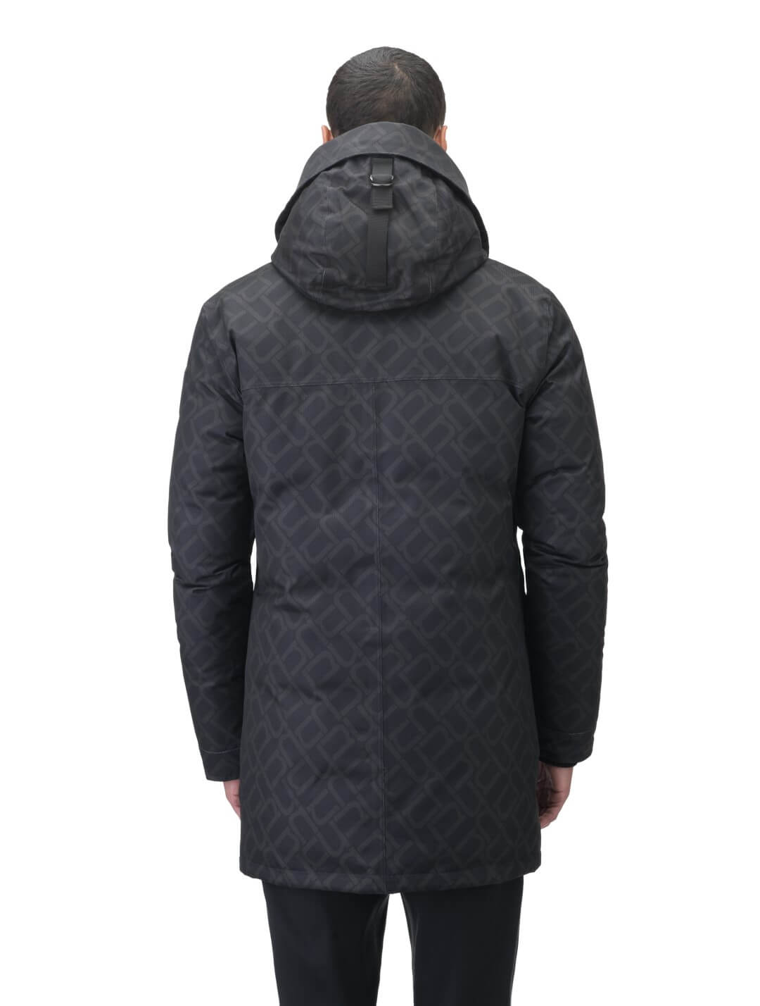 Yves Furless Men's Parka in thigh length, Canadian white duck down insulation, non-removable down-filled hood, flap pockets at waist, centre-front two-way zipper with magnetic wind flap, and elastic ribbed cuffs, in Dark Monogram