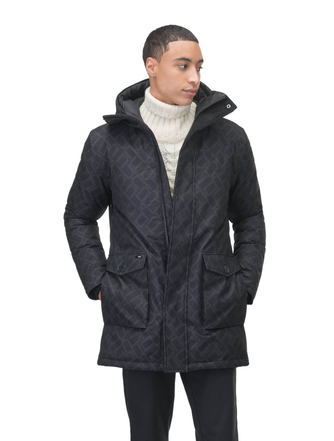 Men's slim fitting waist length parka with removable fur trim on the hood and two waist patch pockets in Dark Monogram