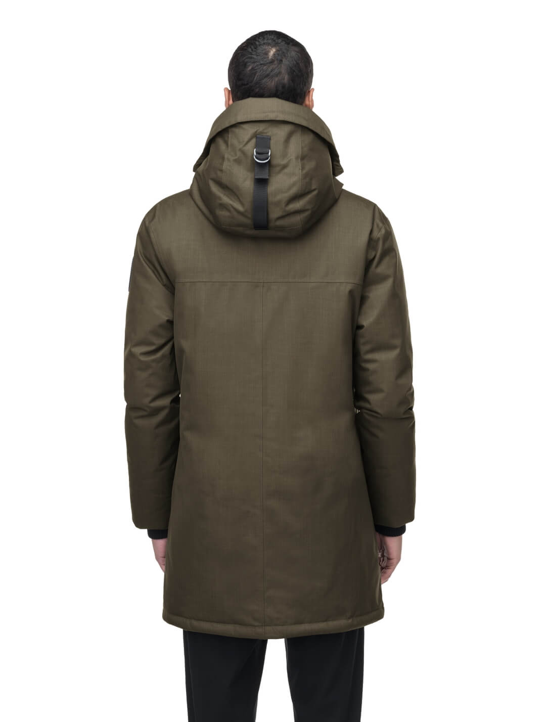 Men's slim fitting waist length parka with removable fur trim on the hood and two waist patch pockets in CH Fatigue