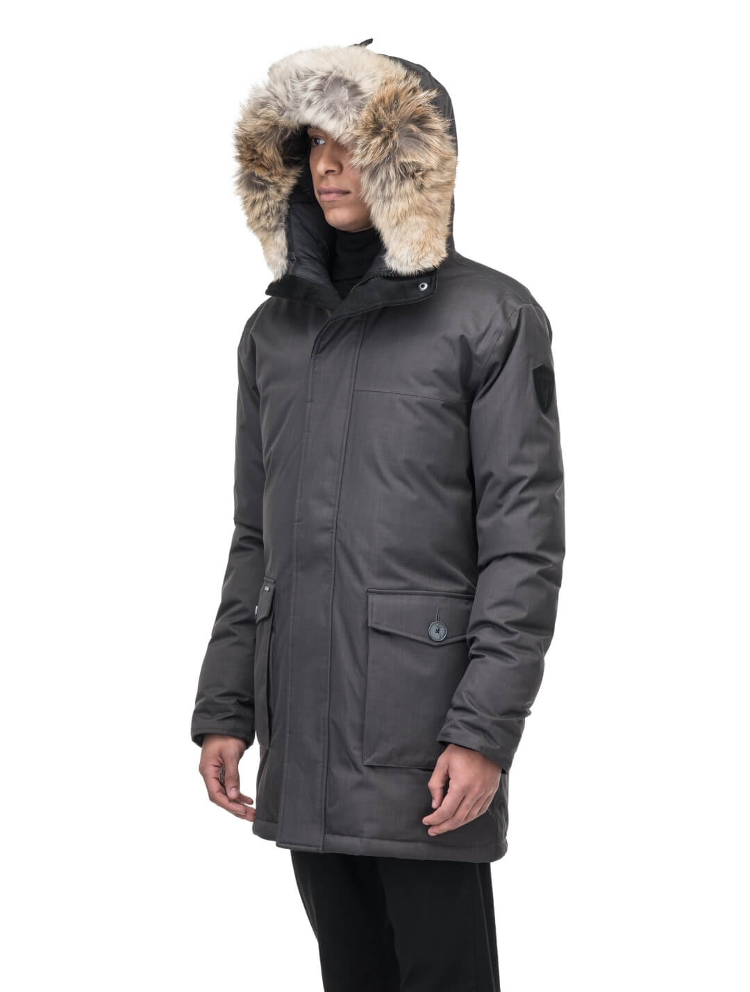 Men's slim fitting waist length parka with removable fur trim on the hood and two waist patch pockets in CH Steel Grey