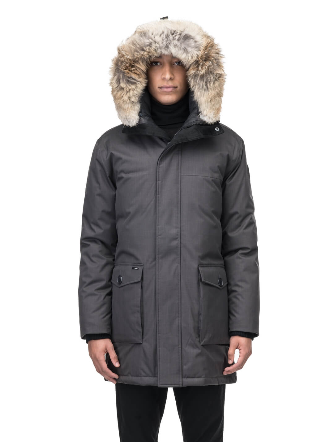 Men's slim fitting waist length parka with removable fur trim on the hood and two waist patch pockets in CH Steel Grey