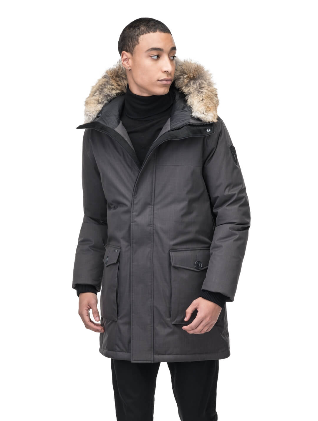 Men's slim fitting waist length parka with removable fur trim on the hood and two waist patch pockets in CH Steel Grey