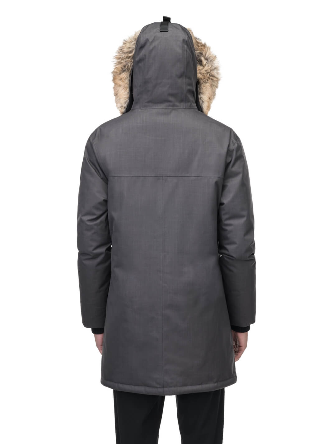 Men's slim fitting waist length parka with removable fur trim on the hood and two waist patch pockets in CH Steel Grey