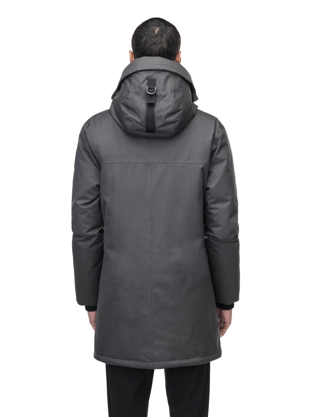 Yves Furless Men's Parka in thigh length, Canadian white duck down insulation, non-removable down-filled hood, flap pockets at waist, centre-front two-way zipper with magnetic wind flap, and elastic ribbed cuffs, in CH Steel Grey