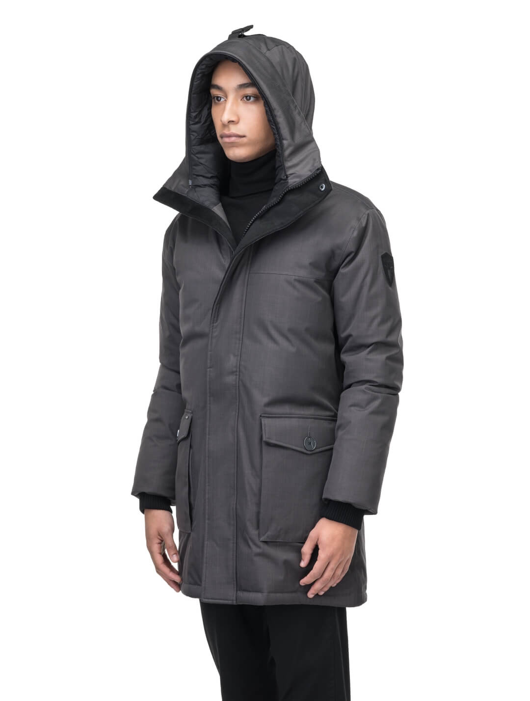 Yves Furless Men's Parka in thigh length, Canadian white duck down insulation, non-removable down-filled hood, flap pockets at waist, centre-front two-way zipper with magnetic wind flap, and elastic ribbed cuffs, in CH Steel Grey