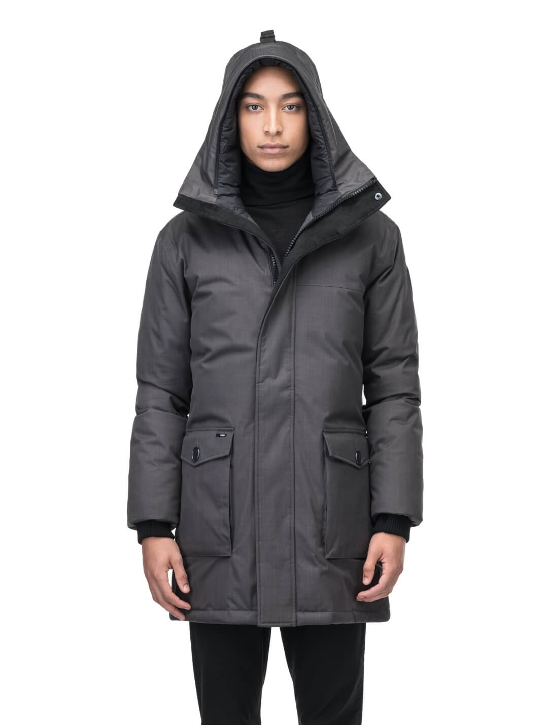 Yves Furless Men's Parka in thigh length, Canadian white duck down insulation, non-removable down-filled hood, flap pockets at waist, centre-front two-way zipper with magnetic wind flap, and elastic ribbed cuffs, in CH Steel Grey