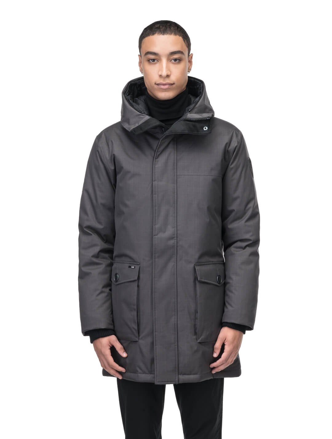 Men's slim fitting waist length parka with removable fur trim on the hood and two waist patch pockets in CH Steel Grey