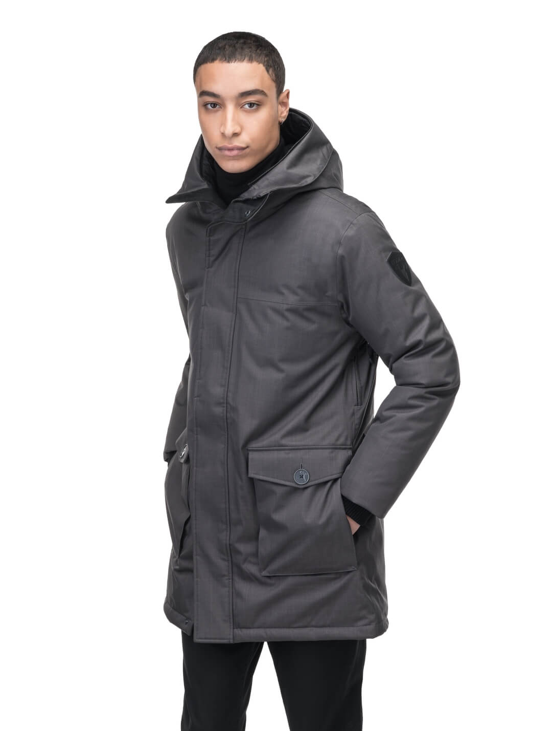 Men's slim fitting waist length parka with removable fur trim on the hood and two waist patch pockets in CH Steel Grey