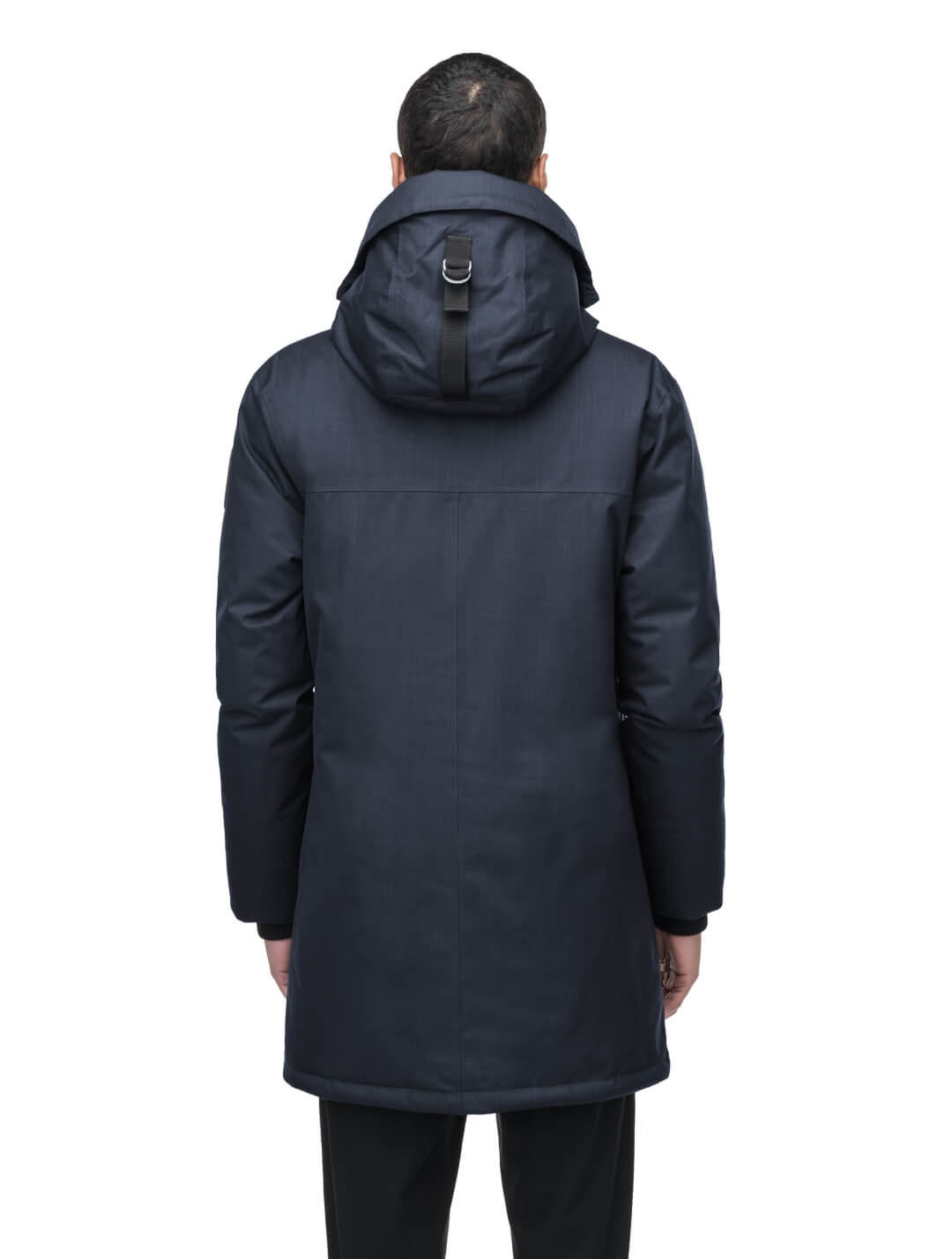 Men's slim fitting waist length parka with removable fur trim on the hood and two waist patch pockets in CH Navy